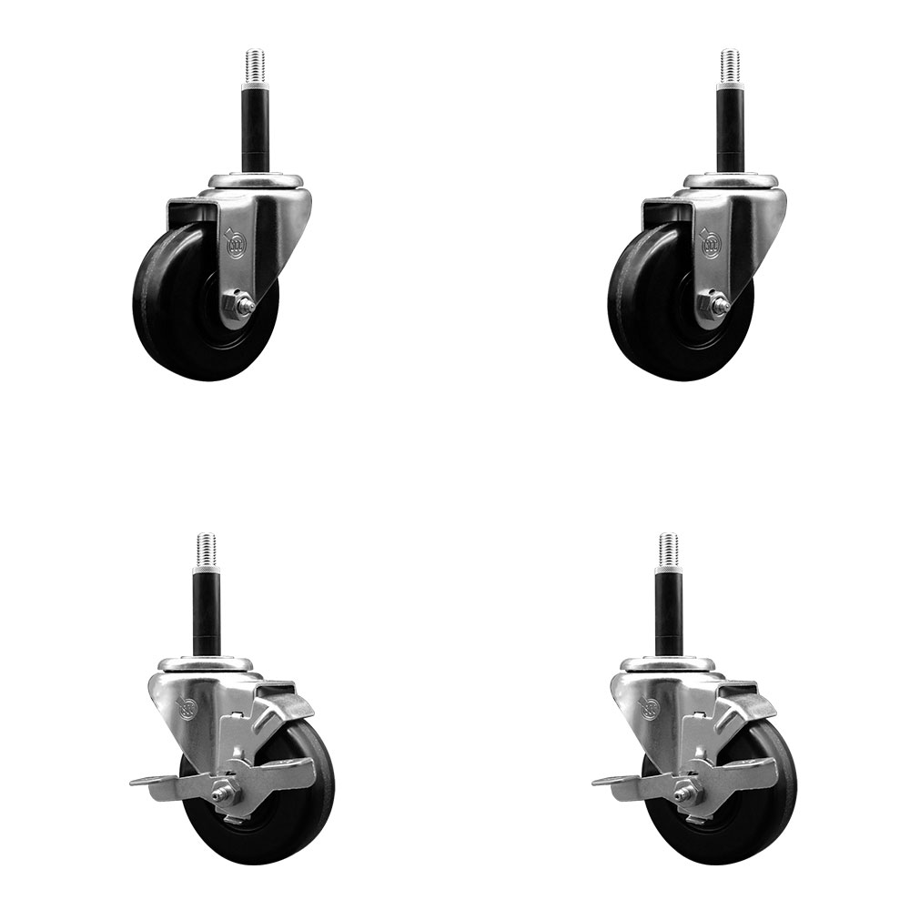Stainless Steel Phenolic Swivel Expanding Stem Caster Set of 4 with 3-1/2 Inch Black Wheels and 3/4" Stems - Includes 2 with Top Locking Brakes - 1200 lbs Total Capacity - Service Caster Brand — photo 1