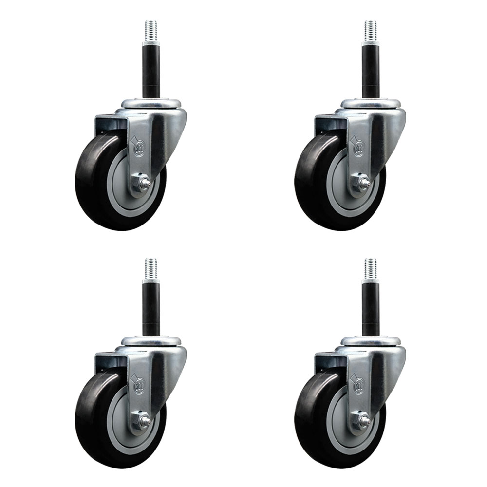 Stainless Steel Polyurethane Swivel Expanding Stem Caster Set of 4 with 3.5 Inch Black Wheels and 3/4" Stems - Includes 4 Swivel - 300 lbs. Capacity Per Caster - Service Caster Brand — photo 1