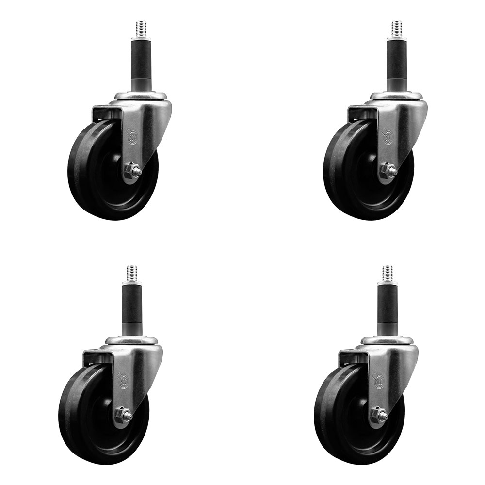 Stainless Steel Phenolic Swivel Expanding Stem Caster Set of 4 with 4 Inch Black Wheels and 1" Stems - Includes 4 Swivel with Top Locking Brakes - 300 lbs. Capacity Per Caster - Service Caster Brand — photo 1