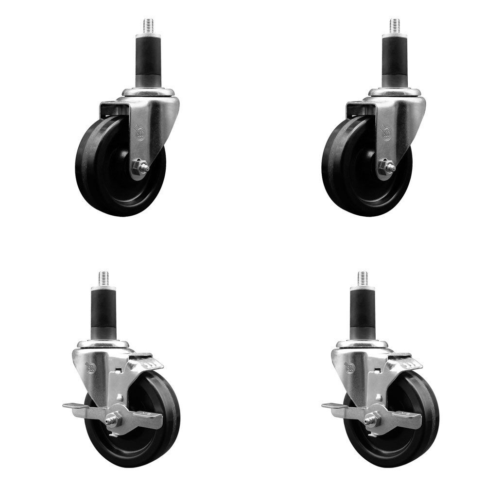 Stainless Steel Phenolic Swivel Expanding Stem Caster Set of 4 with 4 Inch Black Wheels and 1-1/4" Stems - Includes 2 with Top Locking Brakes - 1200 lbs Total Capacity - Service Caster Brand — photo 1