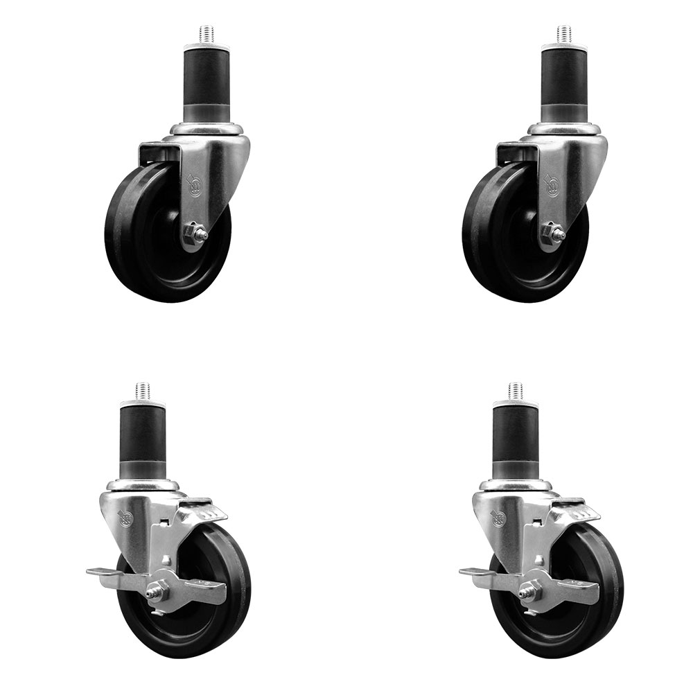 Stainless Steel Phenolic Swivel Expanding Stem Caster Set of 4 with 4 Inch Black Wheels and 1-5/8" Stems - Includes 2 with Top Locking Brakes - 1200 lbs Total Capacity - Service Caster Brand — photo 1