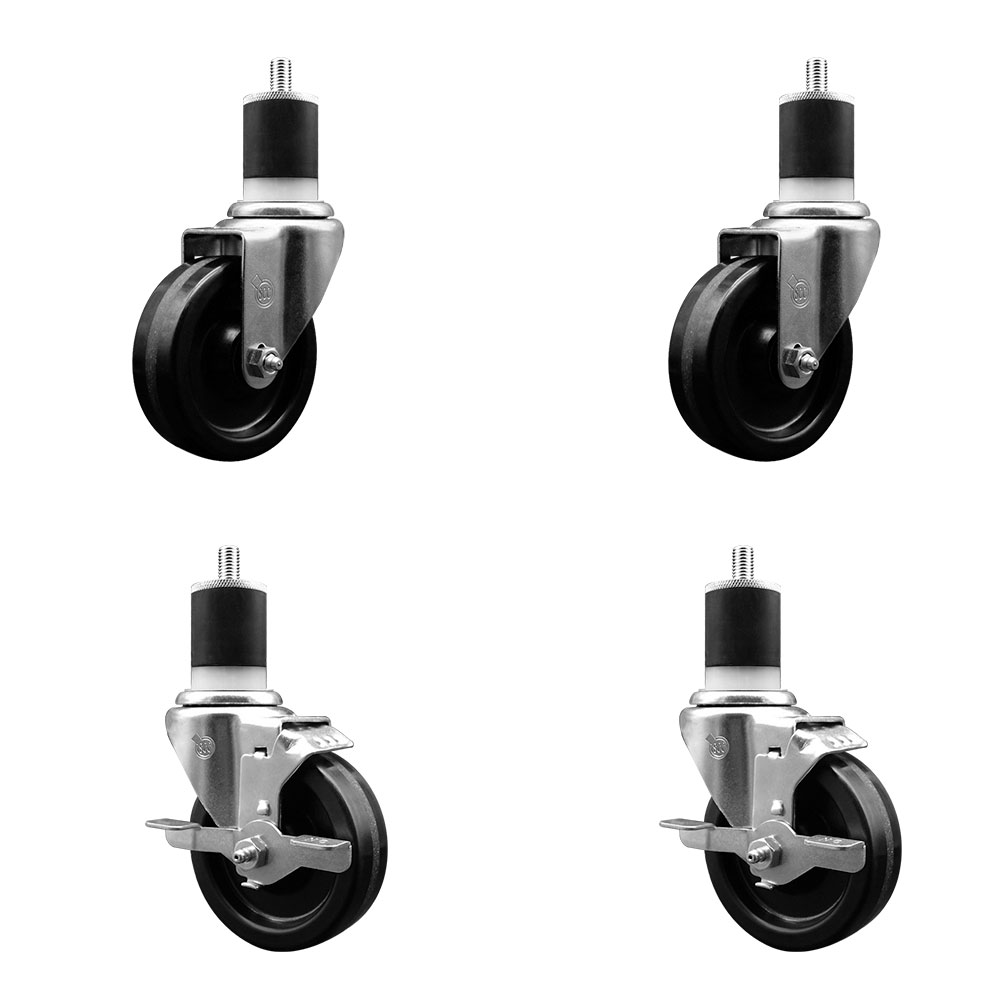 Stainless Steel Phenolic Swivel Expanding Stem Caster Set of 4 with 4 Inch Black Wheels and 1-7/8" Stems - Includes 2 with Top Locking Brakes - 1200 lbs Total Capacity - Service Caster Brand — photo 1