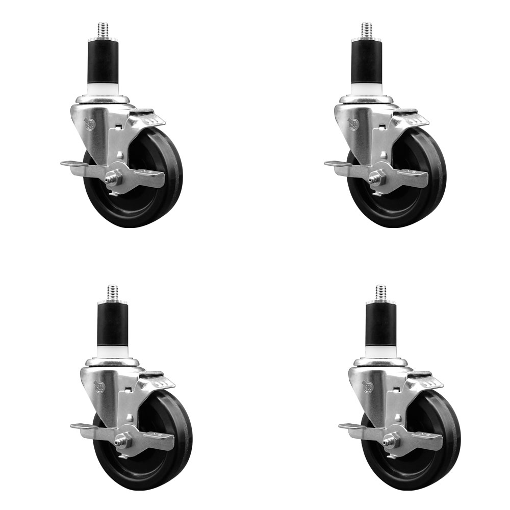 Stainless Steel Phenolic Swivel Expanding Stem Caster Set of 4 with 4 Inch Black Wheels and 1-1/2" Stems - 4 Swivel with Top Locking Brakes - 300 lbs. Capacity Per Caster - Service Caster Brand — photo 1