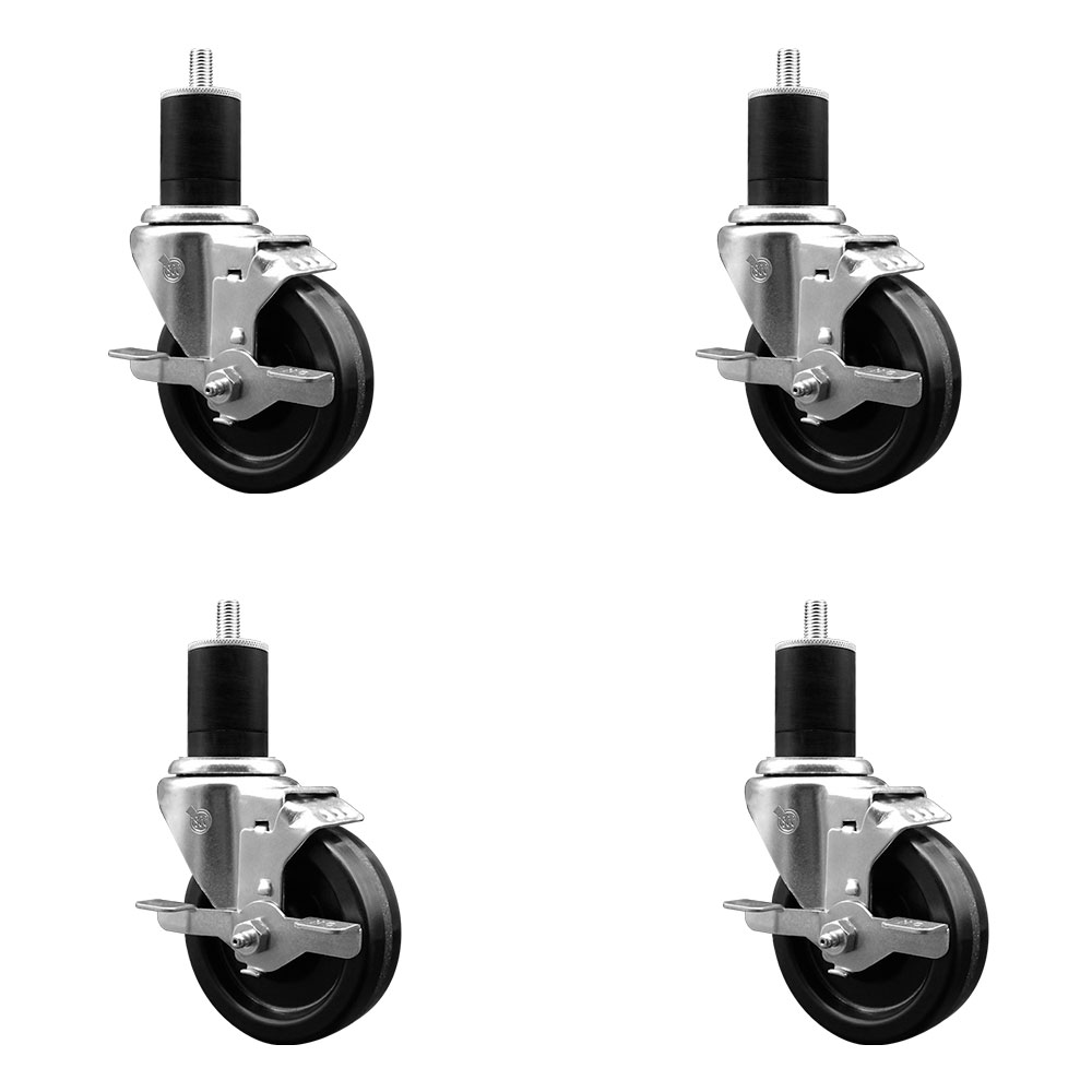 Stainless Steel Phenolic Swivel Expanding Stem Caster Set of 4 with 4 Inch Black Wheels and 1-3/4" Stems - 4 Swivel with Top Locking Brakes - 300 lbs. Capacity Per Caster - Service Caster Brand — photo 1
