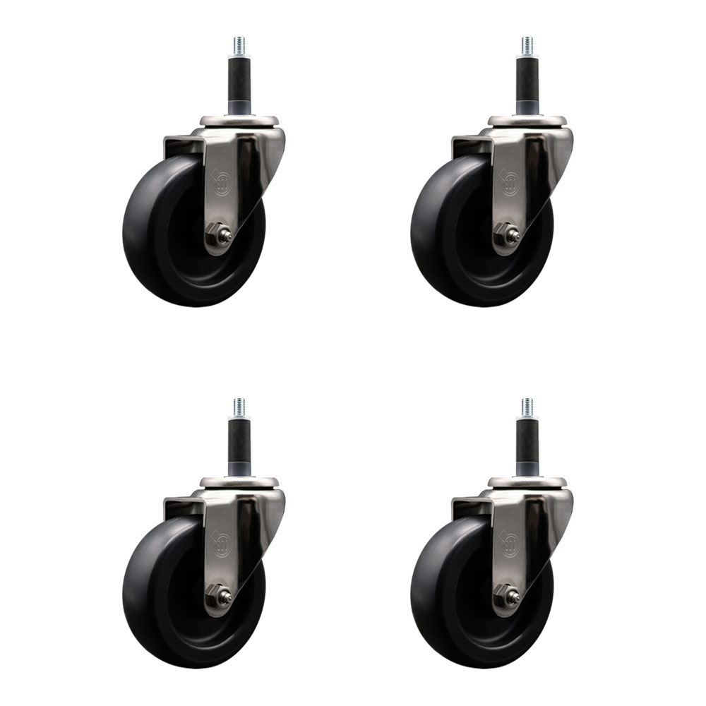 Stainless Steel Polyolefin Swivel Expanding Stem Caster Wheels Set of 4 with 4 Inch Black Wheels and 1" Stems - Includes 4 Swivel - 1400 lbs. Total Capacity - Service Caster Brand — photo 1
