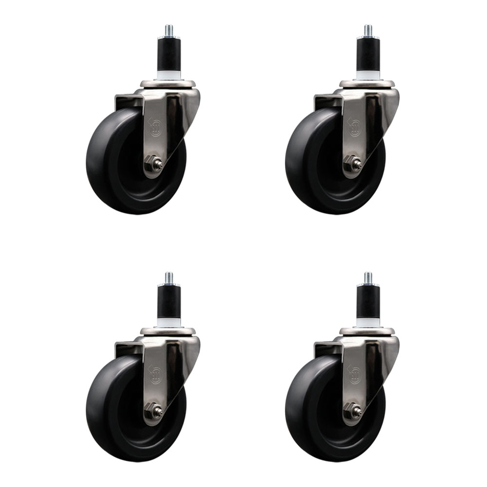 Stainless Steel Polyolefin Swivel Expanding Stem Caster Wheels Set of 4 with 4 Inch Black Wheels and 1-1/2" Stems - Includes 4 Swivel - 1400 lbs. Total Capacity - Service Caster Brand — photo 1