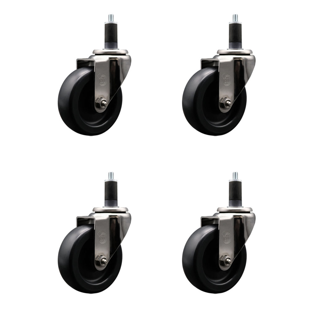 Stainless Steel Polyolefin Swivel Expanding Stem Caster Wheels Set of 4 with 4 Inch Black Wheels and 1-1/4" Stems - Includes 4 Swivel - 1400 lbs. Total Capacity - Service Caster Brand — photo 1