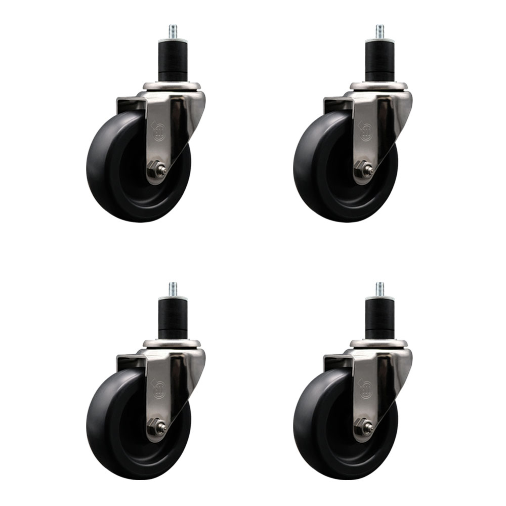 Stainless Steel Polyolefin Swivel Expanding Stem Caster Wheels Set of 4 with 4 Inch Black Wheels and 1-3/4" Stems - Includes 4 Swivel - 1400 lbs. Total Capacity - Service Caster Brand — photo 1