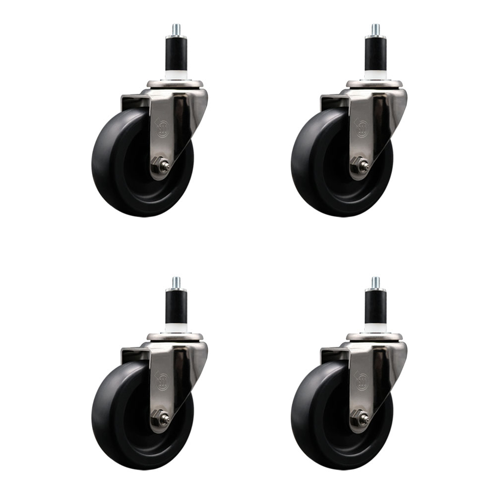 Stainless Steel Polyolefin Swivel Expanding Stem Caster Wheels Set of 4 with 4 Inch Black Wheels and 1-3/8" Stems - Includes 4 Swivel - 1400 lbs. Total Capacity - Service Caster Brand — photo 1