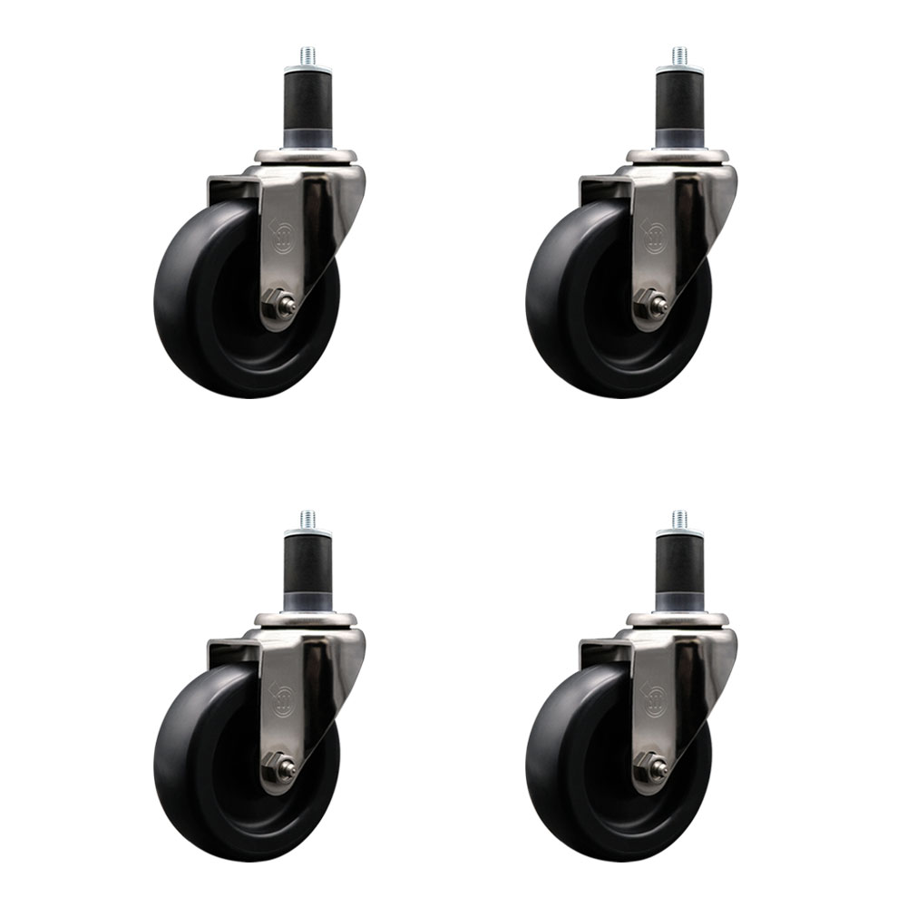 Stainless Steel Polyolefin Swivel Expanding Stem Caster Wheels Set of 4 with 4 Inch Black Wheels and 1-5/8" Stems - Includes 4 Swivel - 1400 lbs. Total Capacity - Service Caster Brand — photo 1