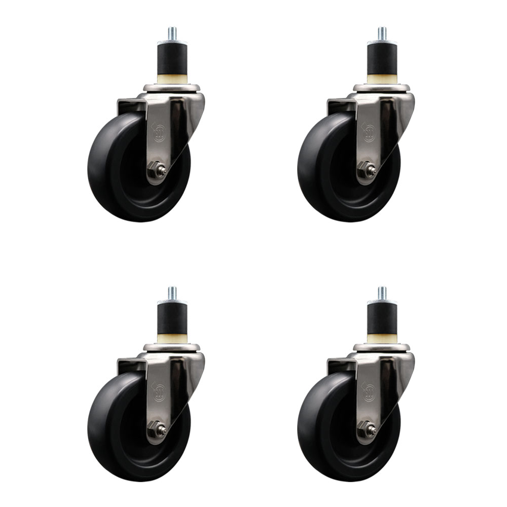 Stainless Steel Polyolefin Swivel Expanding Stem Caster Wheels Set of 4 with 4 Inch Black Wheels and 1-7/8" Stems - Includes 4 Swivel - 1400 lbs. Total Capacity - Service Caster Brand — photo 1