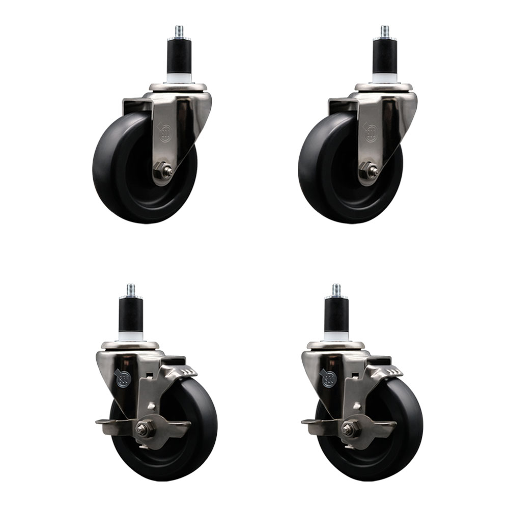 Stainless Steel Polyolefin Swivel Expanding Stem Caster Wheels Set of 4 with 4 Inch Black Wheels and 1-1/2" Stems-Includes 2 Swivel with Top Lock Brakes-1400 lbs. Total Capacity - Service Caster Brand — photo 1