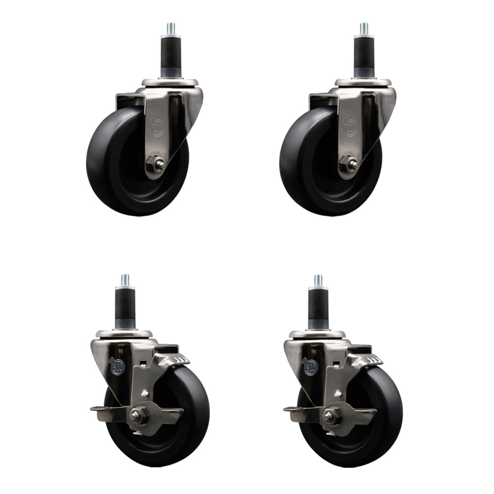 Stainless Steel Polyolefin Swivel Expanding Stem Caster Wheels Set of 4 with 4 Inch Black Wheels and 1-1/4" Stems-Includes 2 Swivel with Top Lock Brakes-1400 lbs. Total Capacity - Service Caster Brand — photo 1