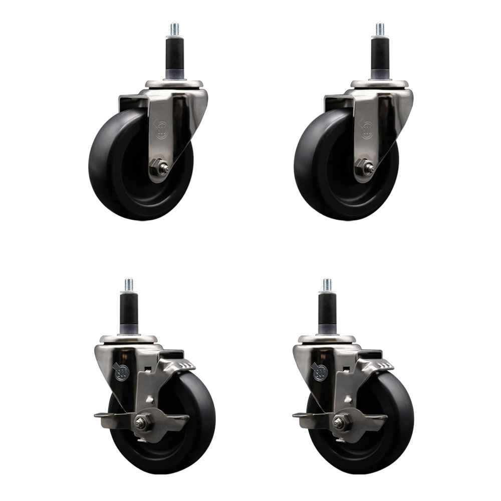 Stainless Steel Polyolefin Swivel Expanding Stem Caster Wheels Set of 4 with 4 Inch Black Wheels and 1-1/8" Stems-Includes 2 Swivel with Top Lock Brakes-1400 lbs. Total Capacity - Service Caster Brand — photo 1