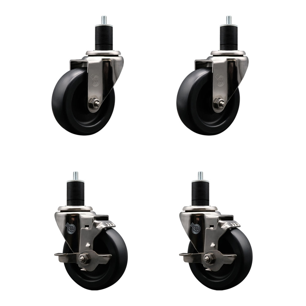 Stainless Steel Polyolefin Swivel Expanding Stem Caster Wheels Set of 4 with 4 Inch Black Wheels and 1-3/4" Stems-Includes 2 Swivel with Top Lock Brakes-1400 lbs. Total Capacity - Service Caster Brand — photo 1