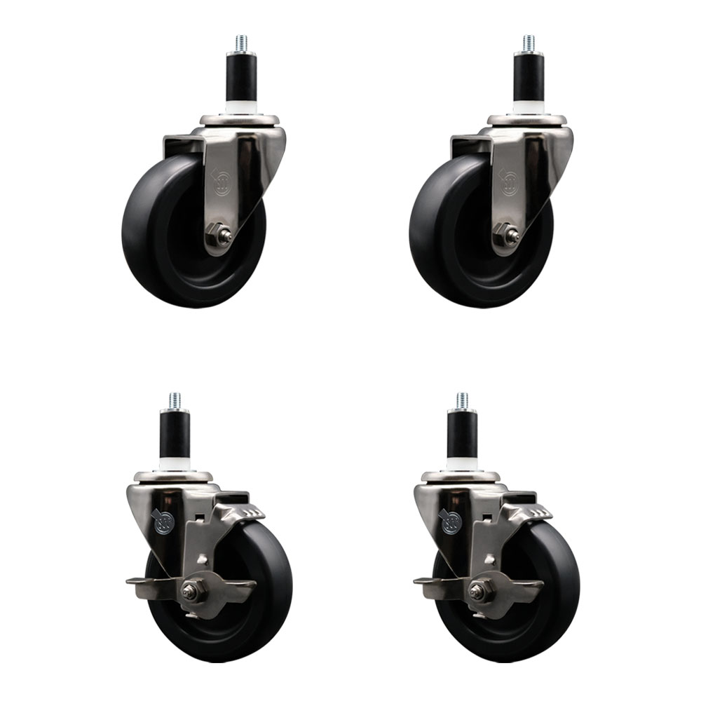 Stainless Steel Polyolefin Swivel Expanding Stem Caster Wheels Set of 4 with 4 Inch Black Wheels and 1-3/8" Stems-Includes 2 Swivel with Top Lock Brakes-1400 lbs. Total Capacity - Service Caster Brand — photo 1