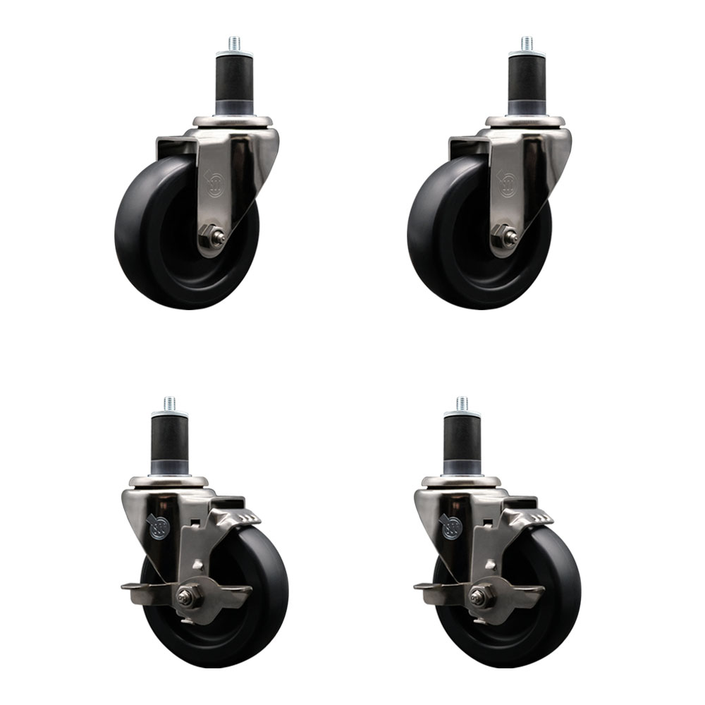 Stainless Steel Polyolefin Swivel Expanding Stem Caster Wheels Set of 4 with 4 Inch Black Wheels and 1-5/8" Stems-Includes 2 Swivel with Top Lock Brakes-1400 lbs. Total Capacity - Service Caster Brand — photo 1