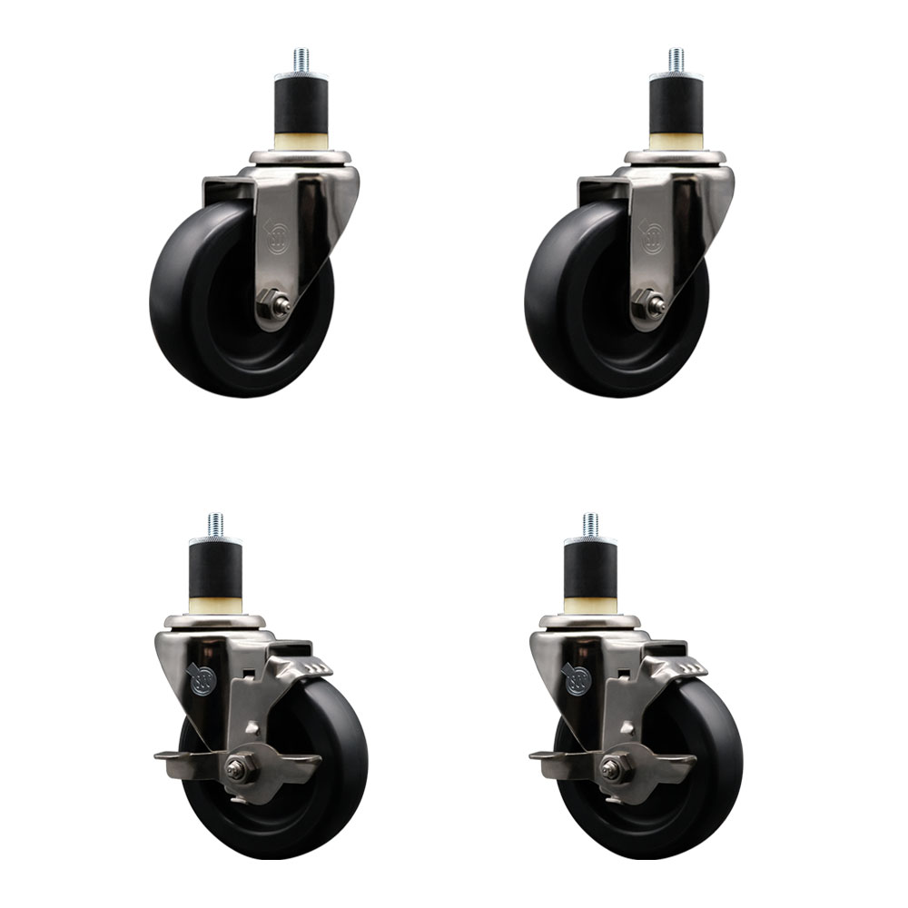 Stainless Steel Polyolefin Swivel Expanding Stem Caster Wheels Set of 4 with 4 Inch Black Wheels and 1-7/8" Stems-Includes 2 Swivel with Top Lock Brakes-1400 lbs. Total Capacity - Service Caster Brand — photo 1
