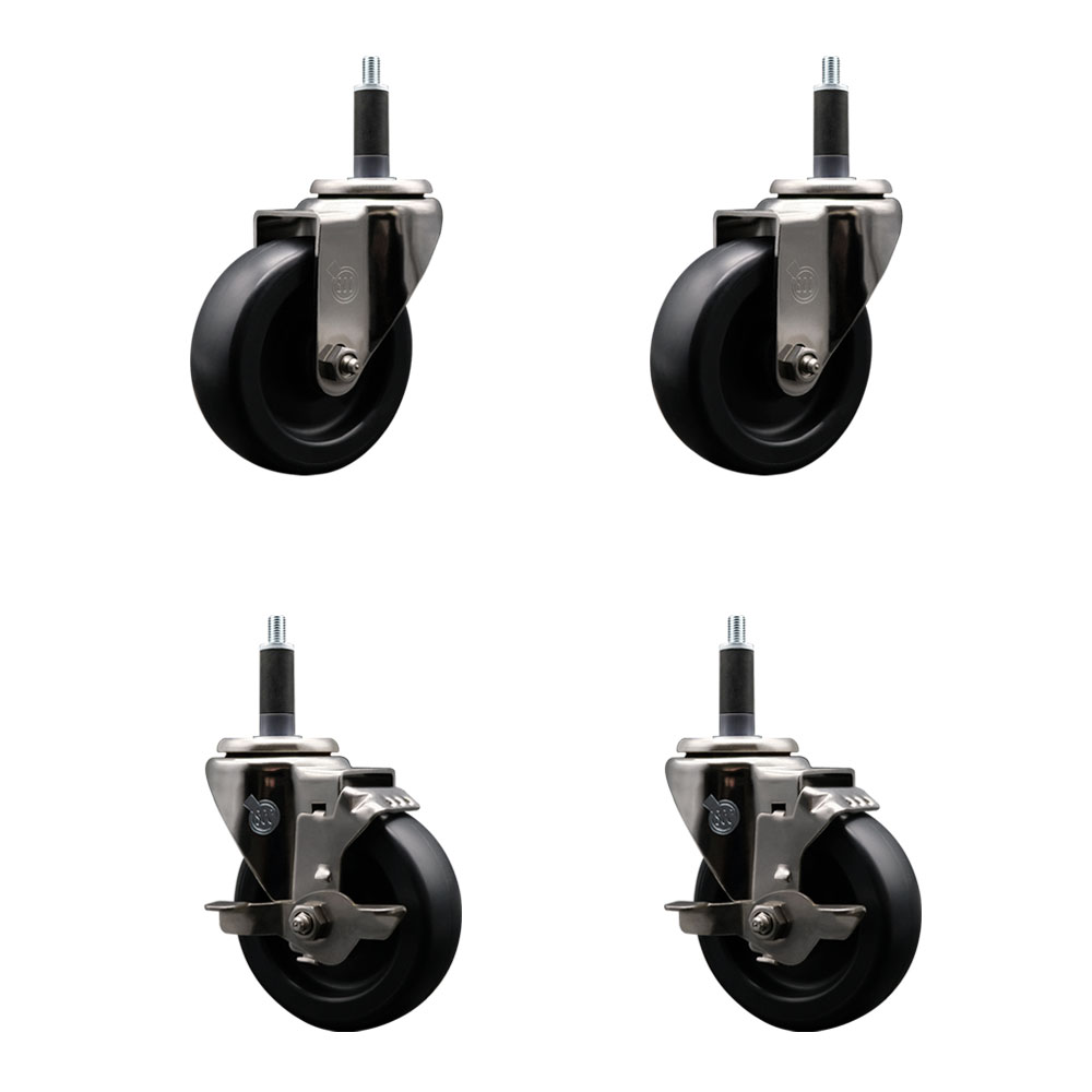 Stainless Steel Polyolefin Swivel Expanding Stem Caster Wheels Set of 4 with 4 Inch Black Wheels and 1" Stems-Includes 2 Swivel with Top Lock Brakes-1400 lbs. Total Capacity - Service Caster Brand — photo 1