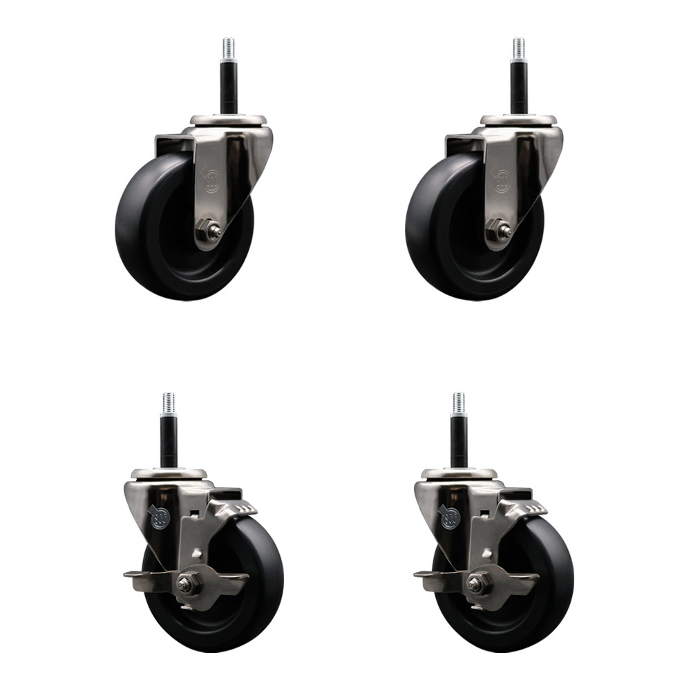 Stainless Steel Polyolefin Swivel Expanding Stem Caster Wheels Set of 4 with 4 Inch Black Wheels and 3/4" Stems-Includes 2 Swivel with Top Lock Brakes-1400 lbs. Total Capacity - Service Caster Brand — photo 1