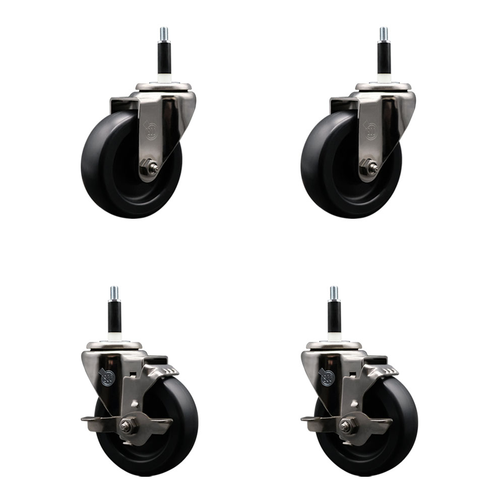 Stainless Steel Polyolefin Swivel Expanding Stem Caster Wheels Set of 4 with 4 Inch Black Wheels and 7/8" Stems-Includes 2 Swivel with Top Lock Brakes-1400 lbs. Total Capacity - Service Caster Brand — photo 1