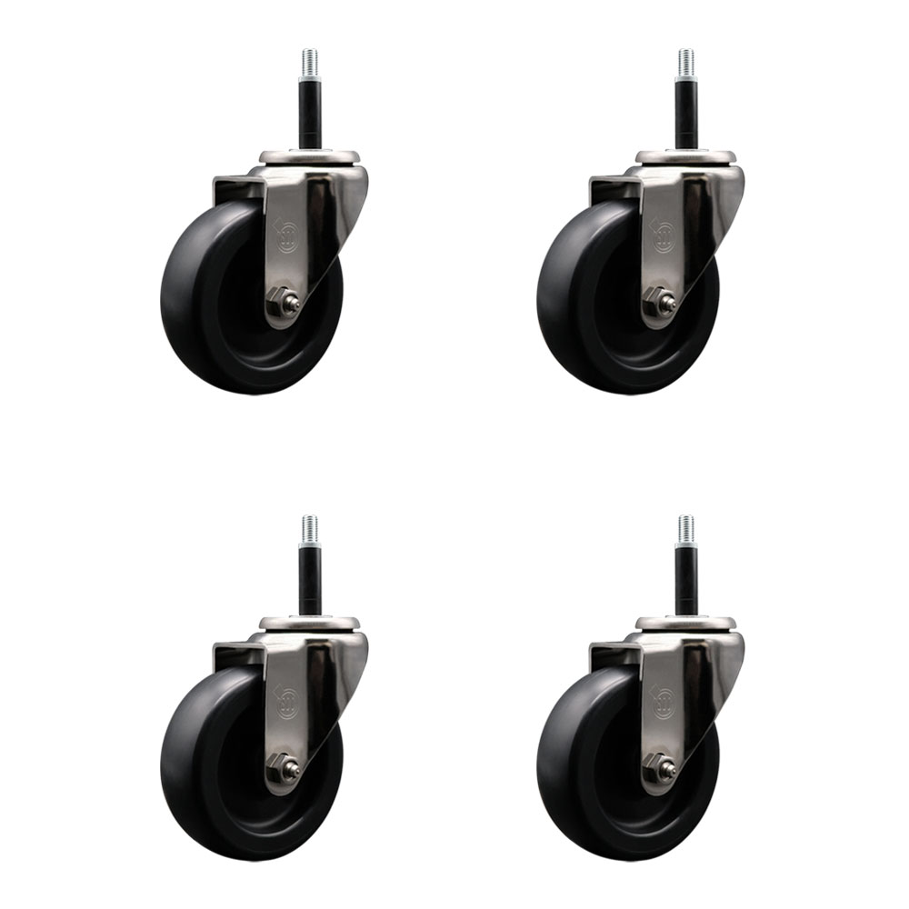 Stainless Steel Polyolefin Swivel Expanding Stem Caster Wheels Set of 4 with 4 Inch Black Wheels and 3/4" Stems - Includes 4 Swivel - 1400 lbs. Total Capacity - Service Caster Brand — photo 1