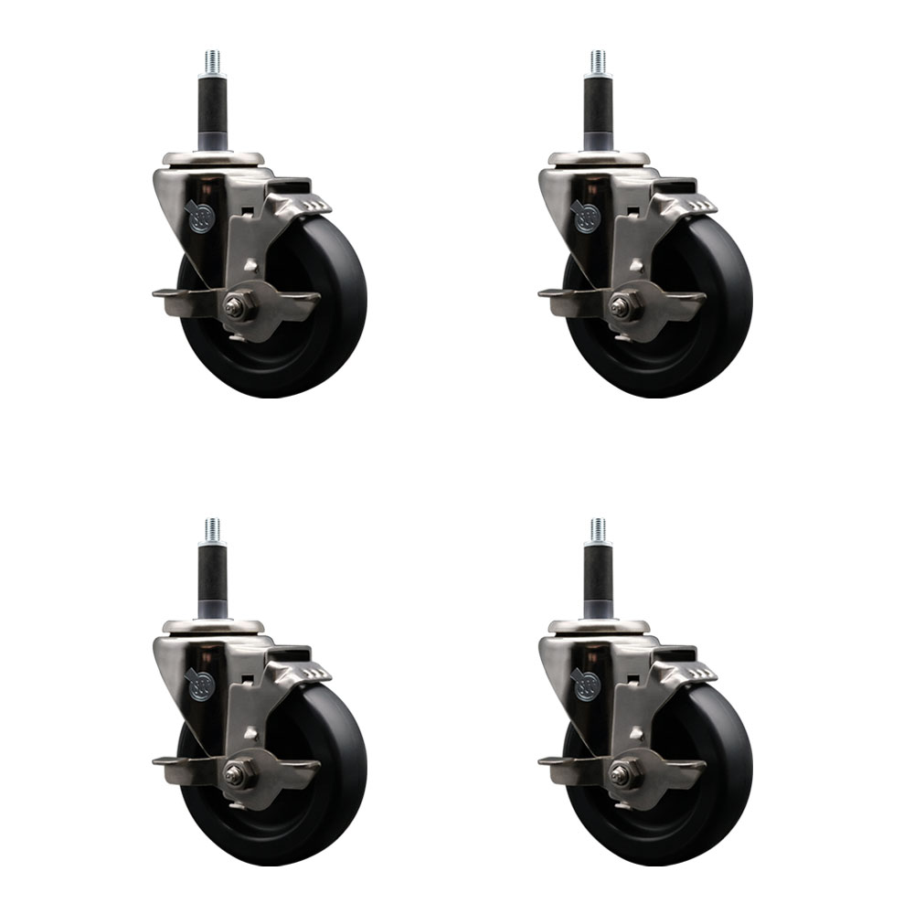 Stainless Steel Polyolefin Swivel Expanding Stem Caster Wheels Set of 4 with 4 Inch Black Wheels and 1" Stems-Includes 4 Swivel with Top Lock Brakes-1400 lbs. Total Capacity - Service Caster Brand — photo 1