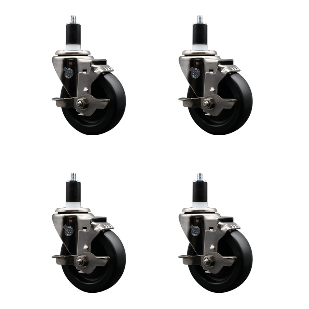 Stainless Steel Polyolefin Swivel Expanding Stem Caster Wheels Set of 4 with 4 Inch Black Wheels and 1-1/2" Stems-Includes 4 Swivel with Top Lock Brakes-1400 lbs. Total Capacity - Service Caster Brand — photo 1