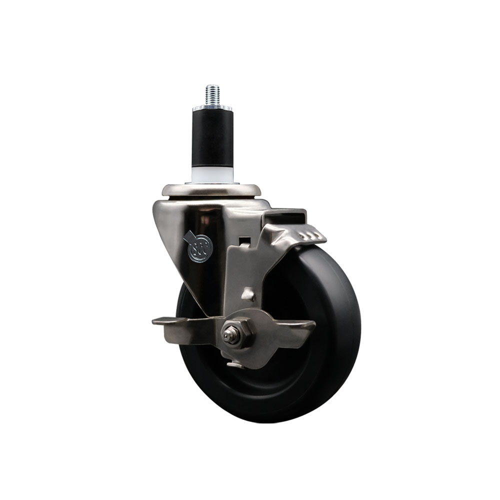 Stainless Steel Polyolefin Expanding Stem Swivel Caster Wheel with 4 Inch Black Wheel and 1-1/2" Stem and Top Lock Brake - 350 lbs. Capacity Per Caster - Service Caster Brand — photo 1