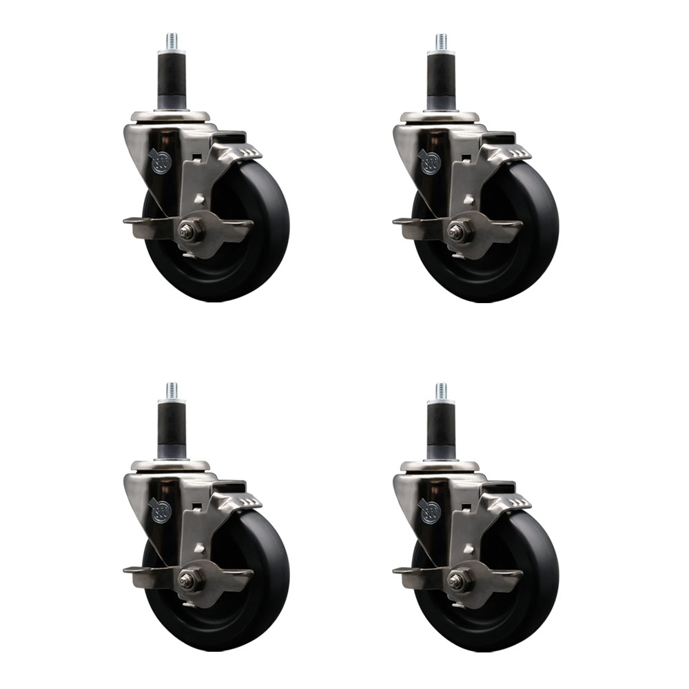 Stainless Steel Polyolefin Swivel Expanding Stem Caster Wheels Set of 4 with 4 Inch Black Wheels and 1-1/4" Stems-Includes 4 Swivel with Top Lock Brakes-1400 lbs. Total Capacity - Service Caster Brand — photo 1