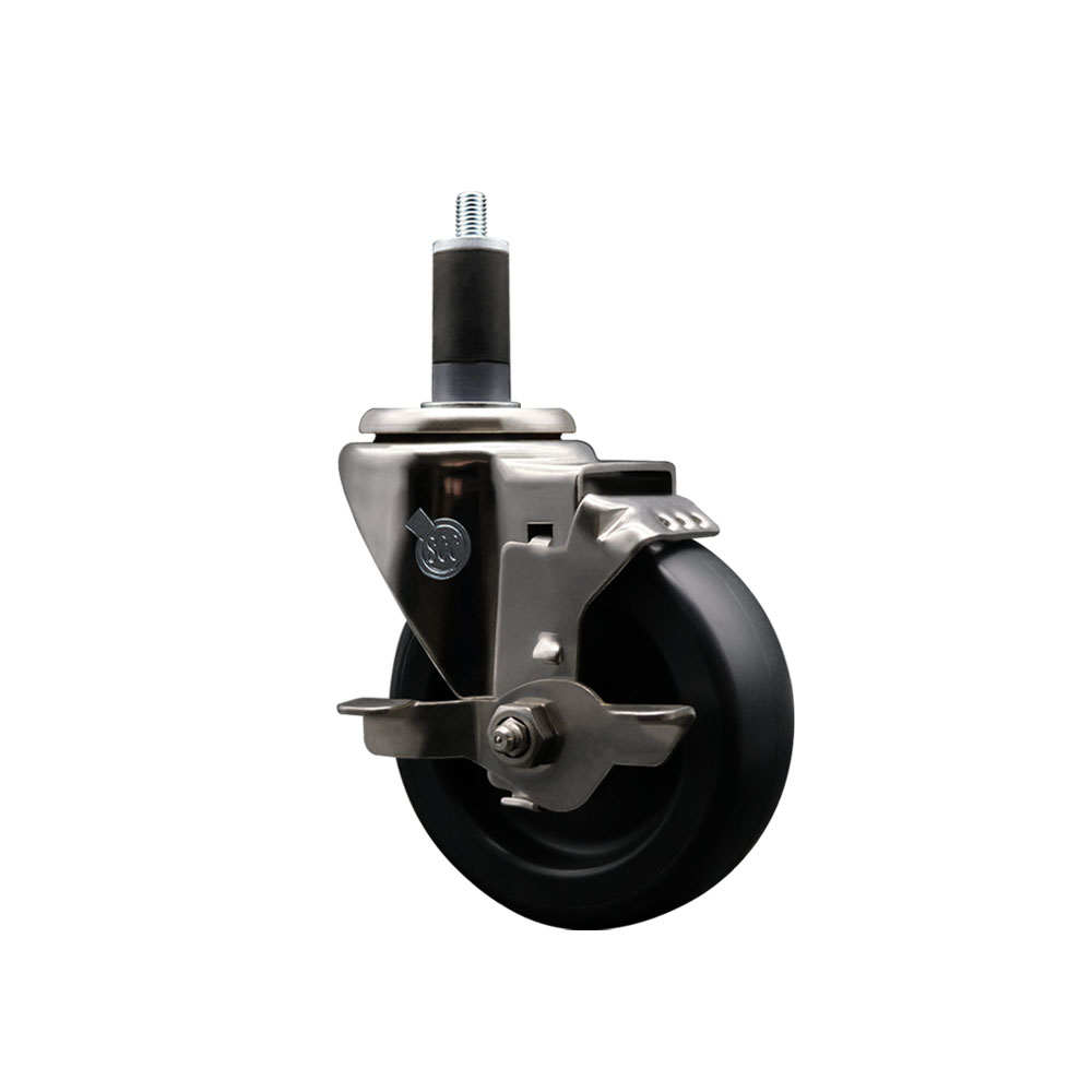 Stainless Steel Polyolefin Expanding Stem Swivel Caster Wheel with 4 Inch Black Wheel and 1-1/4" Stem and Top Lock Brake - 350 lbs. Capacity Per Caster - Service Caster Brand — photo 1
