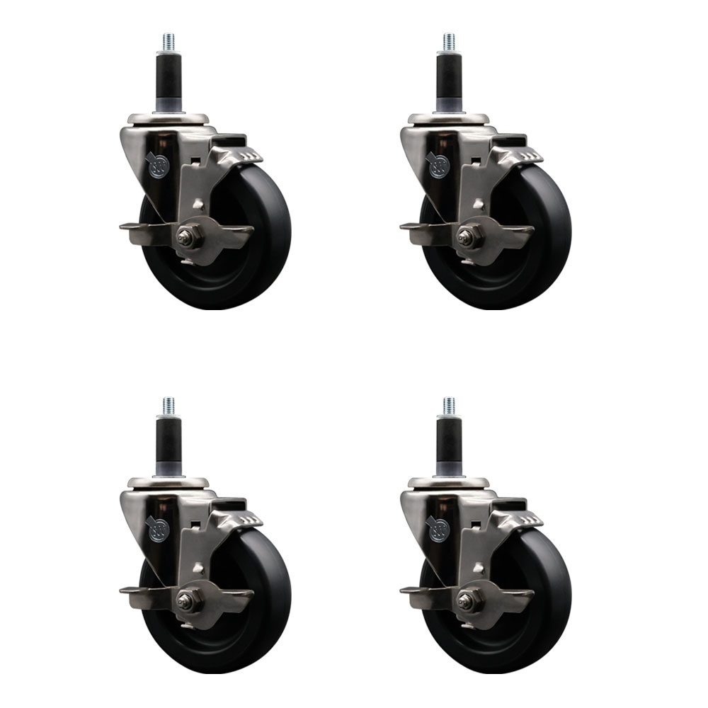 Stainless Steel Polyolefin Swivel Expanding Stem Caster Wheels Set of 4 with 4 Inch Black Wheels and 1-1/8" Stems-Includes 4 Swivel with Top Lock Brakes-1400 lbs. Total Capacity - Service Caster Brand — photo 1