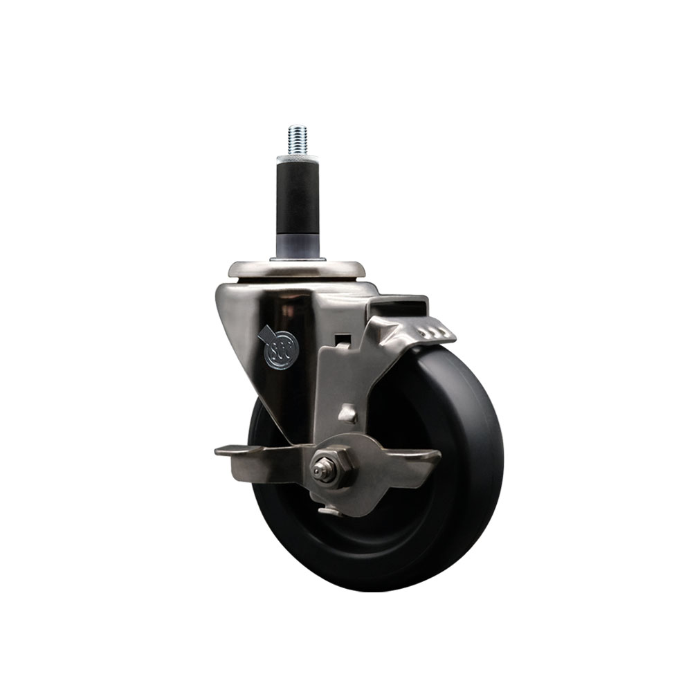 Stainless Steel Polyolefin Expanding Stem Swivel Caster Wheel with 4 Inch Black Wheel and 1-1/8" Stem and Top Lock Brake - 350 lbs. Capacity Per Caster - Service Caster Brand — photo 1