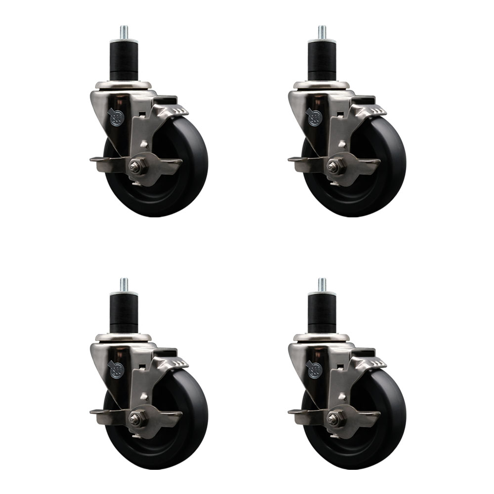 Stainless Steel Polyolefin Swivel Expanding Stem Caster Wheels Set of 4 with 4 Inch Black Wheels and 1-3/4" Stems-Includes 4 Swivel with Top Lock Brakes-1400 lbs. Total Capacity - Service Caster Brand — photo 1