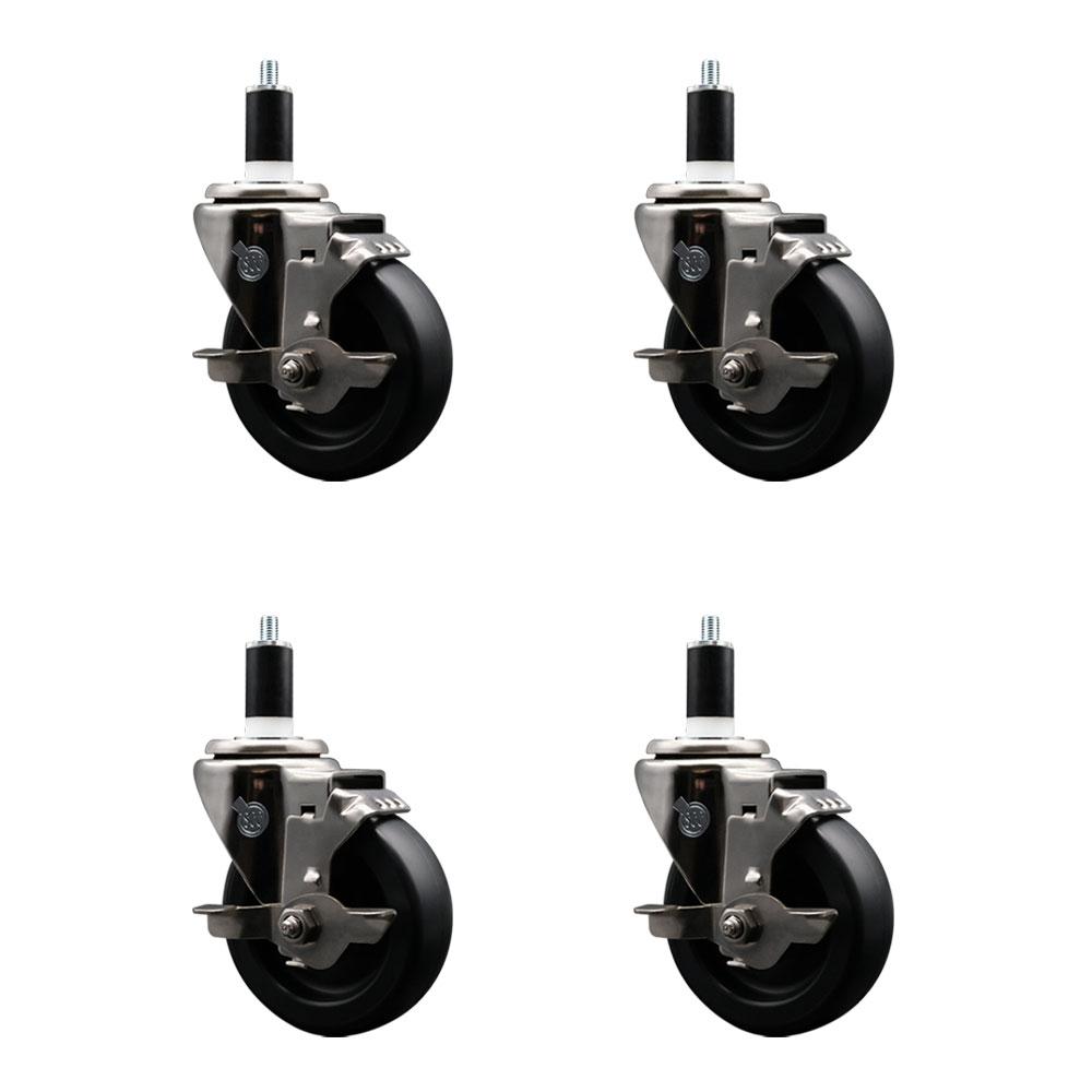 Stainless Steel Polyolefin Swivel Expanding Stem Caster Wheels Set of 4 with 4 Inch Black Wheels and 1-3/8" Stems-Includes 4 Swivel with Top Lock Brakes-1400 lbs. Total Capacity - Service Caster Brand — photo 1