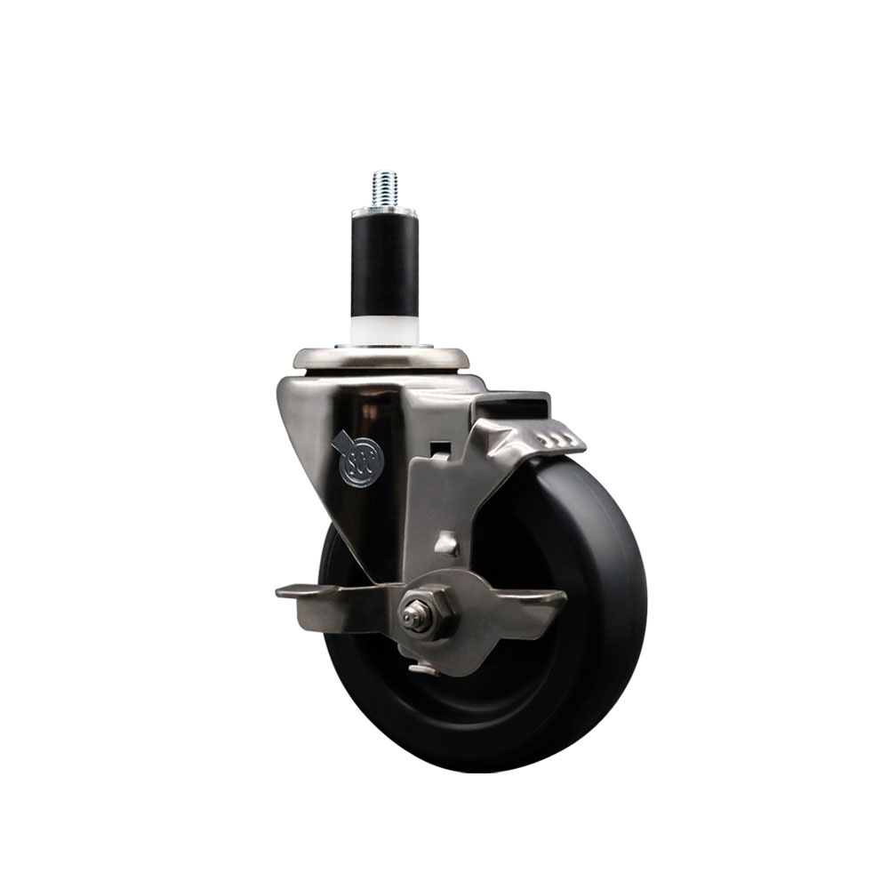 Stainless Steel Polyolefin Expanding Stem Swivel Caster Wheel with 4 Inch Black Wheel and 1-3/8" Stem and Top Lock Brake - 350 lbs. Capacity Per Caster - Service Caster Brand — photo 1