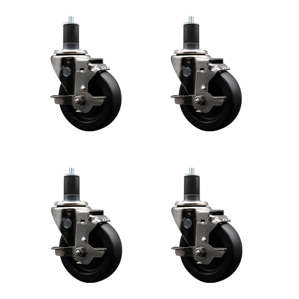 Stainless Steel Polyolefin Swivel Expanding Stem Caster Wheels Set of 4 with 4 Inch Black Wheels and 1-5/8" Stems-Includes 4 Swivel with Top Lock Brakes-1400 lbs. Total Capacity - Service Caster Brand — photo 1
