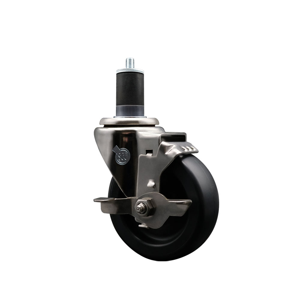 Stainless Steel Polyolefin Expanding Stem Swivel Caster Wheel with 4 Inch Black Wheel and 1-5/8" Stem and Top Lock Brake - 350 lbs. Capacity Per Caster - Service Caster Brand — photo 1