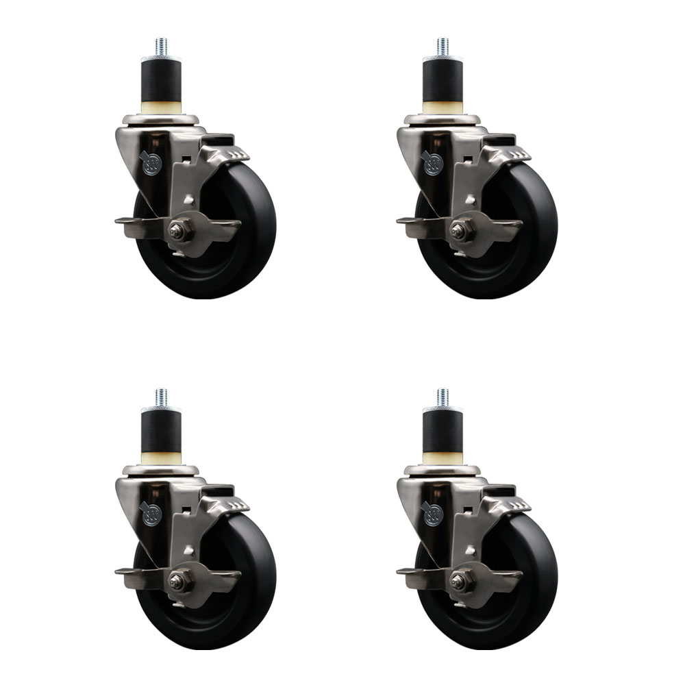 Stainless Steel Polyolefin Swivel Expanding Stem Caster Wheels Set of 4 with 4 Inch Black Wheels and 1-7/8" Stems-Includes 4 Swivel with Top Lock Brakes-1400 lbs. Total Capacity - Service Caster Brand — photo 1