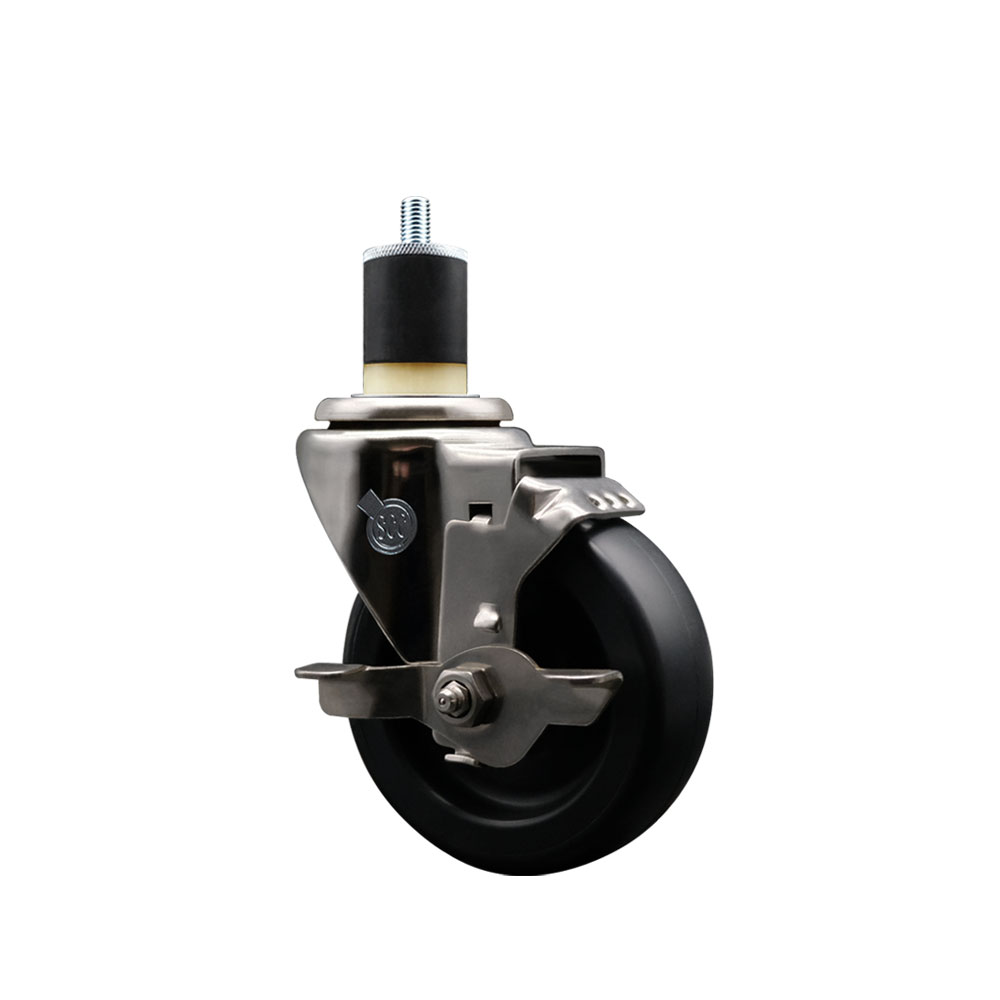 Stainless Steel Polyolefin Expanding Stem Swivel Caster Wheel with 4 Inch Black Wheel and 1-7/8" Stem and Top Lock Brake - 350 lbs. Capacity Per Caster - Service Caster Brand — photo 1