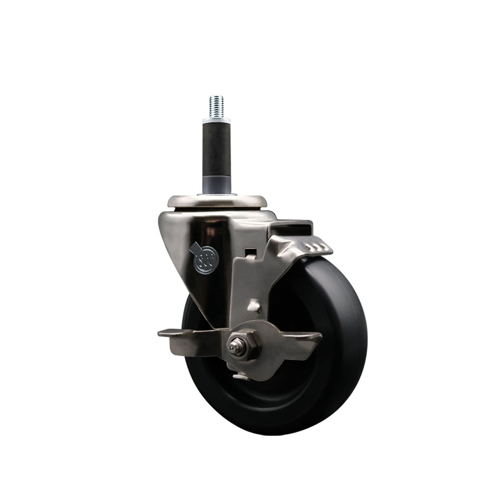 Stainless Steel Polyolefin Expanding Stem Swivel Caster Wheel with 4 Inch Black Wheel and 1" Stem and Top Lock Brake - 350 lbs. Capacity Per Caster - Service Caster Brand — photo 1