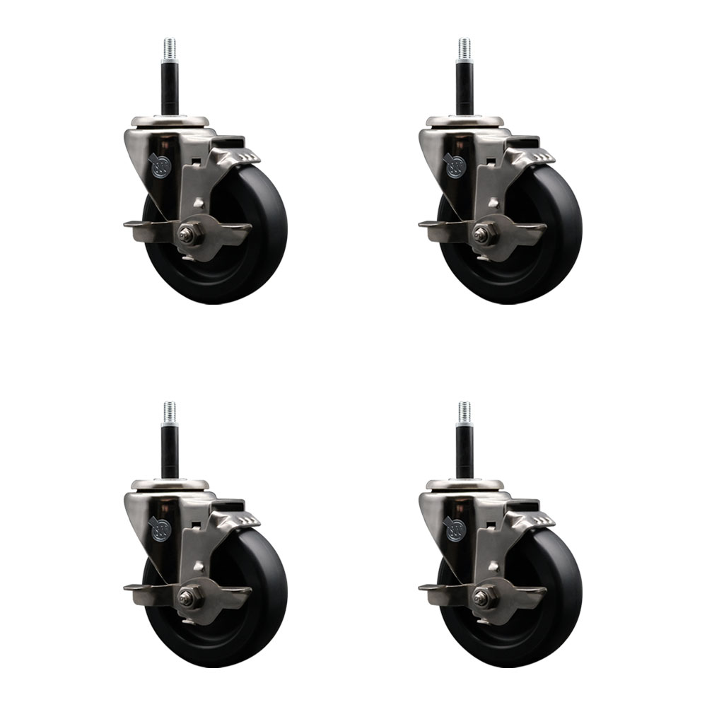 Stainless Steel Polyolefin Swivel Expanding Stem Caster Wheels Set of 4 with 4 Inch Black Wheels and 3/4" Stems-Includes 4 Swivel with Top Lock Brakes-1400 lbs. Total Capacity - Service Caster Brand — photo 1