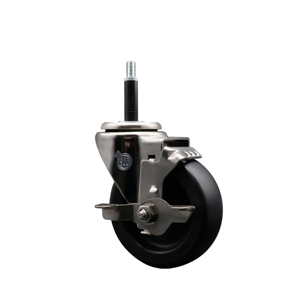 Stainless Steel Polyolefin Expanding Stem Swivel Caster Wheel with 4 Inch Black Wheel and 3/4" Stem and Top Lock Brake - 350 lbs. Capacity Per Caster - Service Caster Brand — photo 1