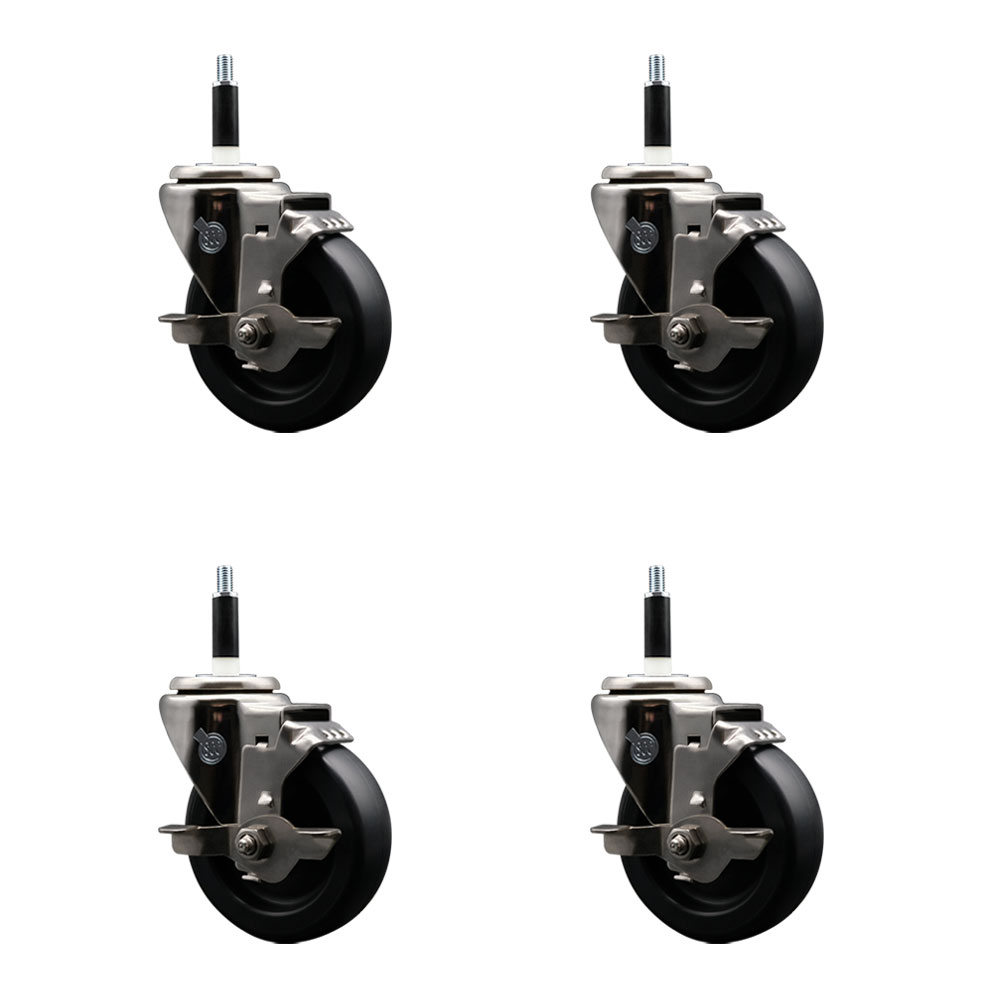 Stainless Steel Polyolefin Swivel Expanding Stem Caster Wheels Set of 4 with 4 Inch Black Wheels and 7/8" Stems-Includes 4 Swivel with Top Lock Brakes-1400 lbs. Total Capacity - Service Caster Brand — photo 1
