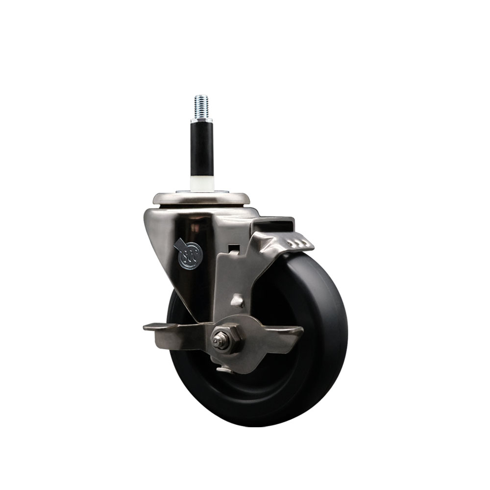 Stainless Steel Polyolefin Expanding Stem Swivel Caster Wheel with 4 Inch Black Wheel and 7/8" Stem and Top Lock Brake - 350 lbs. Capacity Per Caster - Service Caster Brand — photo 1