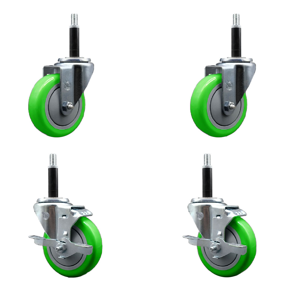 Stainless Steel Polyurethane Swivel Expanding Stem Caster Set of 4 with 4 Inch Green Wheels and 3/4" Stems - Includes 2 with Top Locking Brakes - 1400 lbs Total Capacity - Service Caster Brand — photo 1