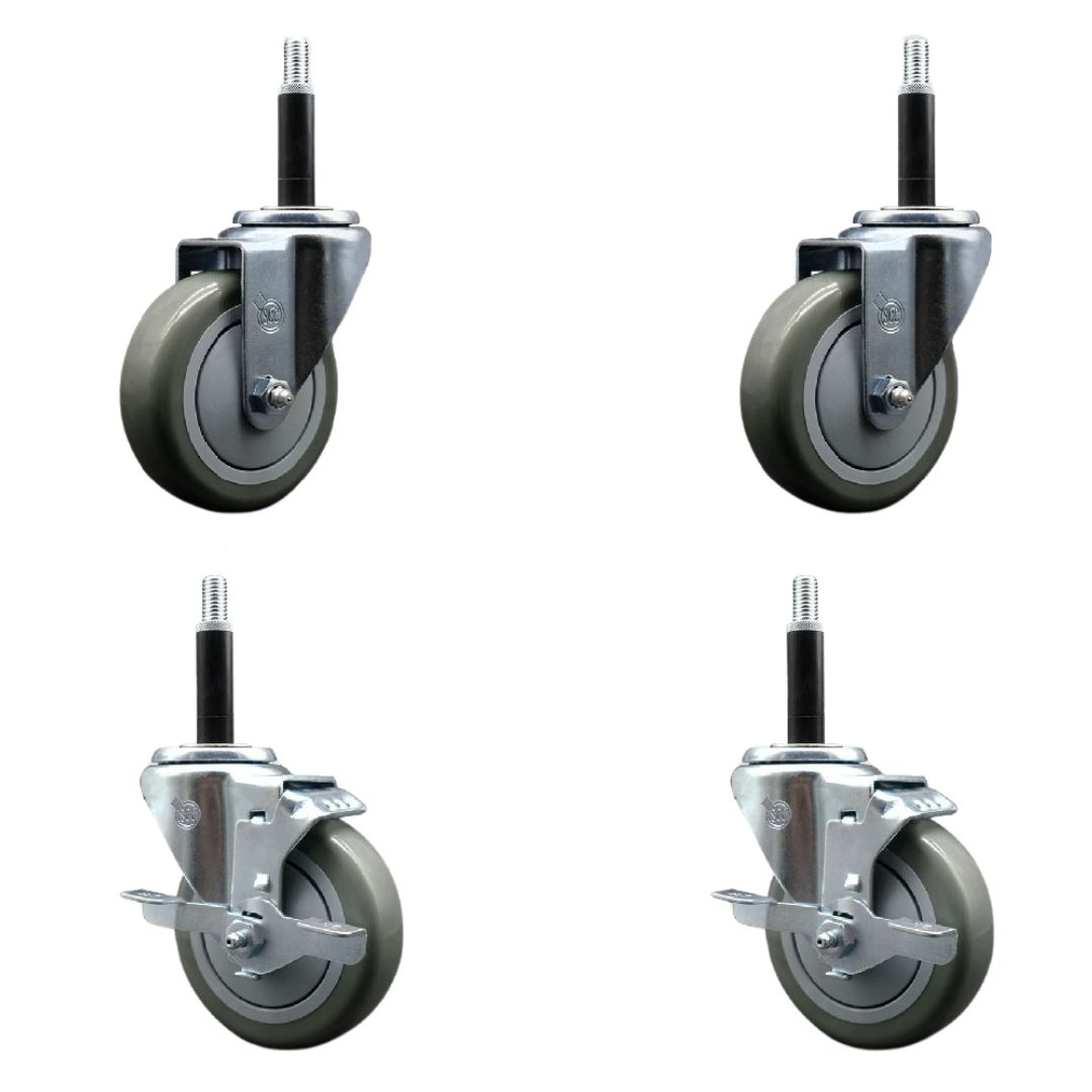 Stainless Steel Polyurethane Swivel Expanding Stem Caster Set of 4 with 4 Inch Gray Wheels and 3/4" Stems - Includes 2 with Top Locking Brakes - 1400 lbs Total Capacity - Service Caster Brand — photo 1