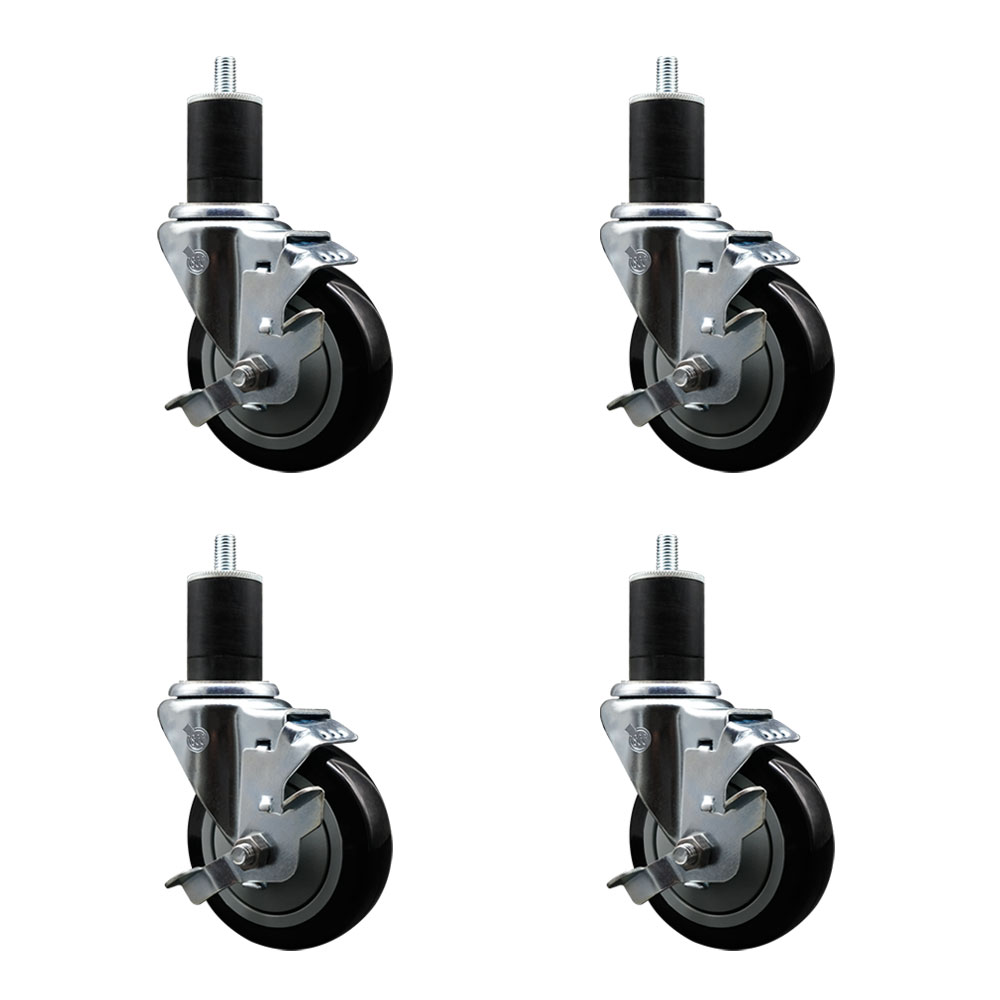 Stainless Steel Polyurethane Swivel Expanding Stem Caster Set of 4 with 4 Inch Black Wheels and 1-3/4" Stems - 4 Swivel with Top Locking Brakes - 350 lbs. Capacity Per Caster - Service Caster Brand — photo 1