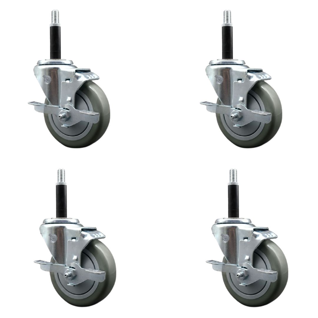 Stainless Steel Polyurethane Swivel Expanding Stem Caster Set of 4 with 4 Inch Gray Wheels and 3/4" Stems - 4 Swivel with Top Locking Brakes - 350 lbs. Capacity Per Caster - Service Caster Brand — photo 1