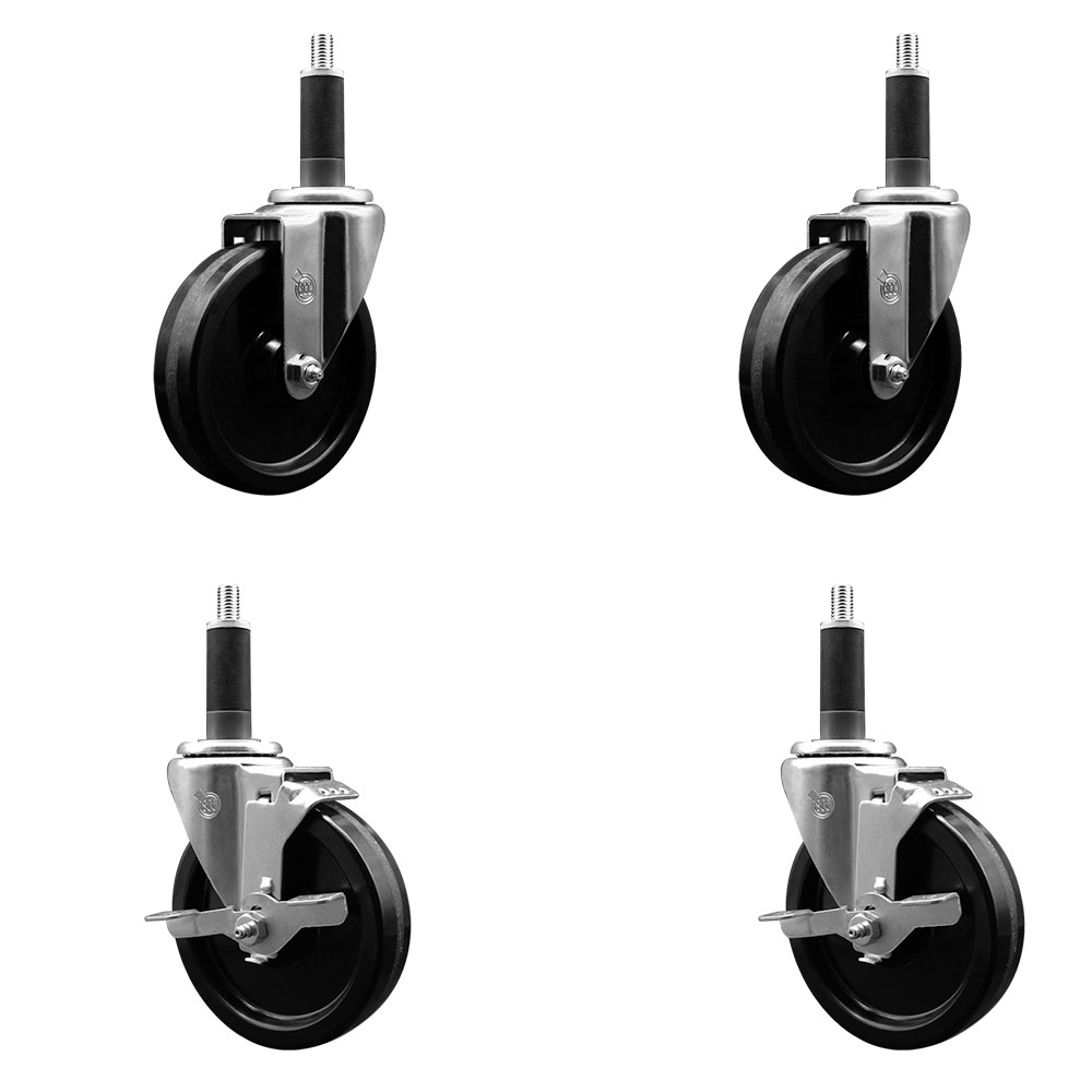 Stainless Steel Phenolic Swivel Expanding Stem Caster Set of 4 with 5 Inch Black Wheels and 1" Stems - Includes 2 with Top Locking Brakes - 1200 lbs Total Capacity - Service Caster Brand — photo 1